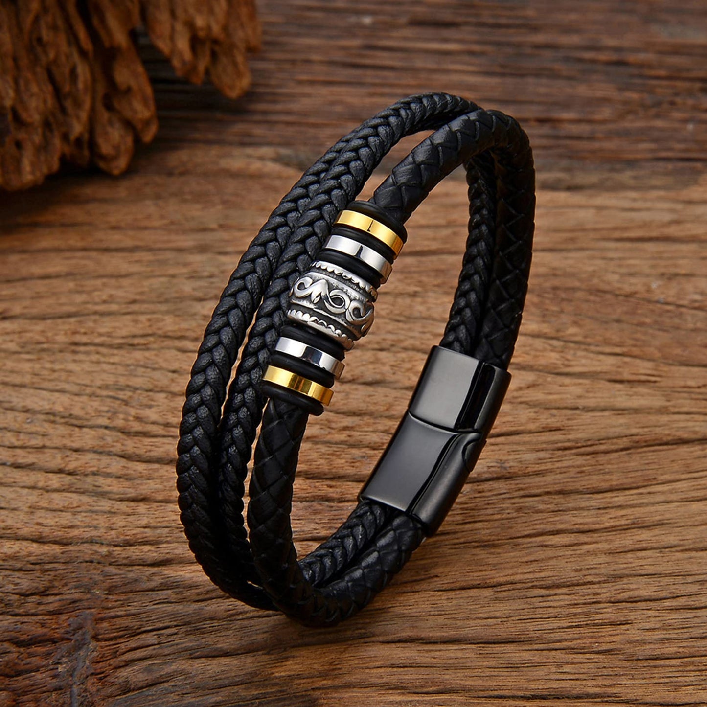 Men's Fashion Stainless Steel Multi-layer Leather Co Bracelet Braided Leather Buckle Titanium Steel Bracelet-PLUT