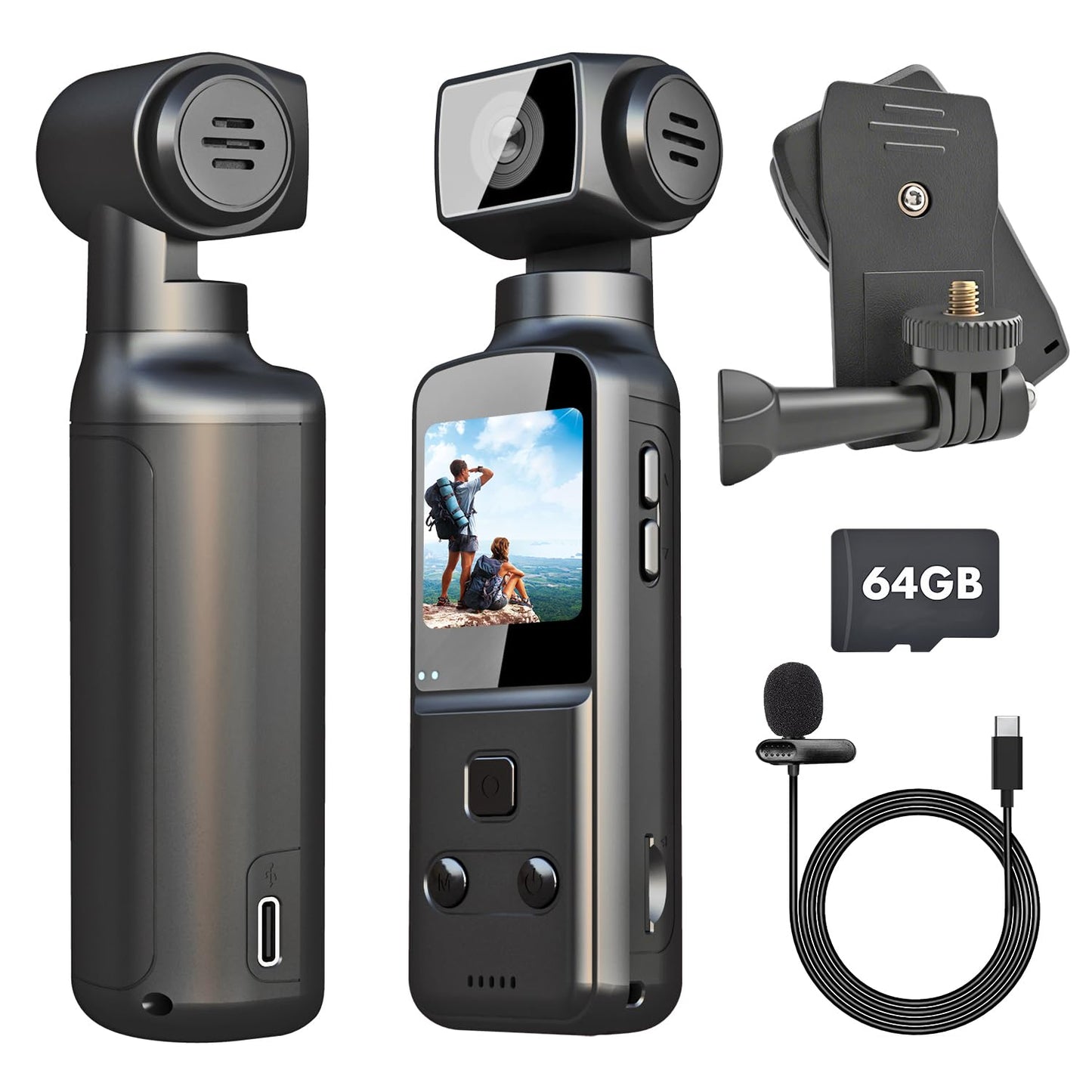 IXROAD 4K Bodycam, Vlog/POV-kamera med 270° vridbar lins, bärbar kamera/videokamera, mini actionkamera med extern mikrofon, klämma och 64 GB TF-kort