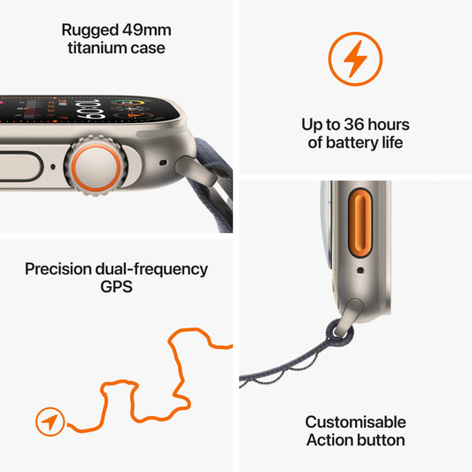 Apple Watch Ultra 2 [GPS + Cellular 49 mm] med robust titanboett och Terrängloop i grön/grå – M/L. Träningsmätare, precisions-gps, snabbknapp, extra lång batteritid, koldioxidneutral