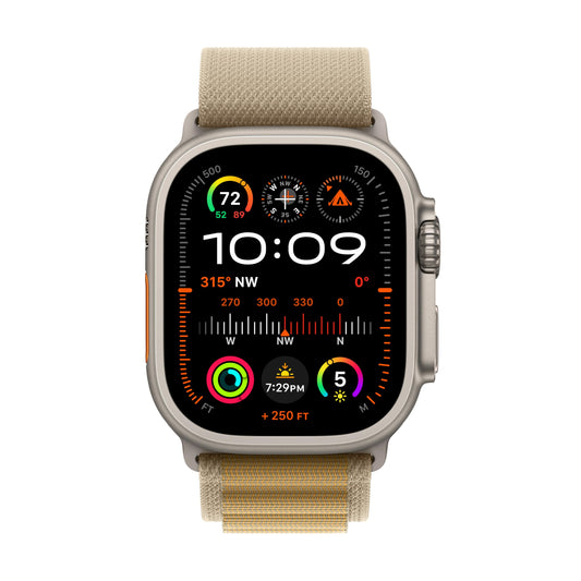 Apple Watch Ultra 2 GPS + Cellular 49 mm Smart sportklocka med robust naturlig titanboett och Alpine Loop i ljusbrun - L. Träningsmätare, precisions-gps, extra lång batteritid, koldioxidneutral