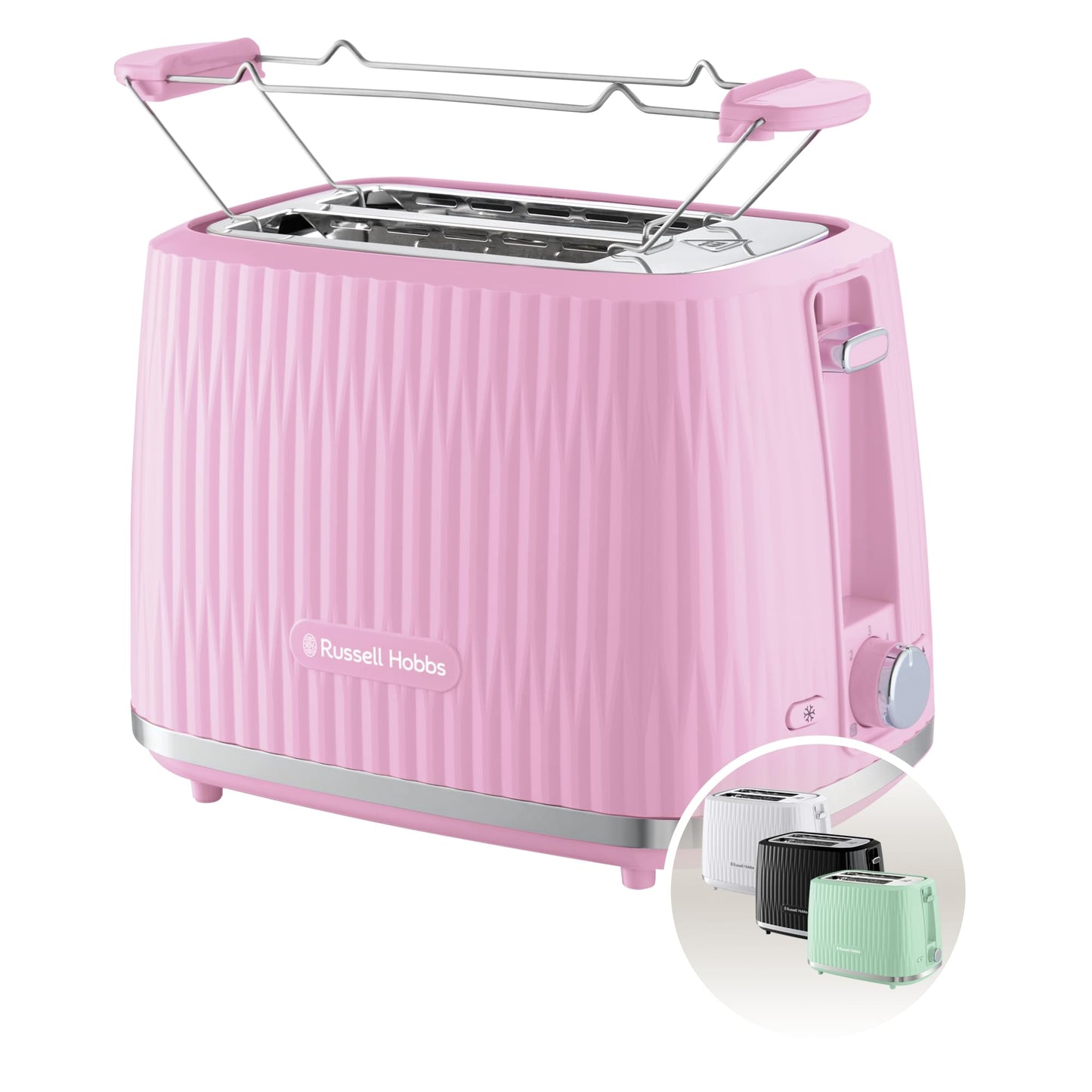 Russell Hobbs 2 skivor (6 rostningsnivåer, höglyftsfunktion, inställningar för fryst bröd, uppvärmning och stoppfunktion, uppvärmningsgaller ingår, texturerad exteriör) Eden Rosa 27372-56