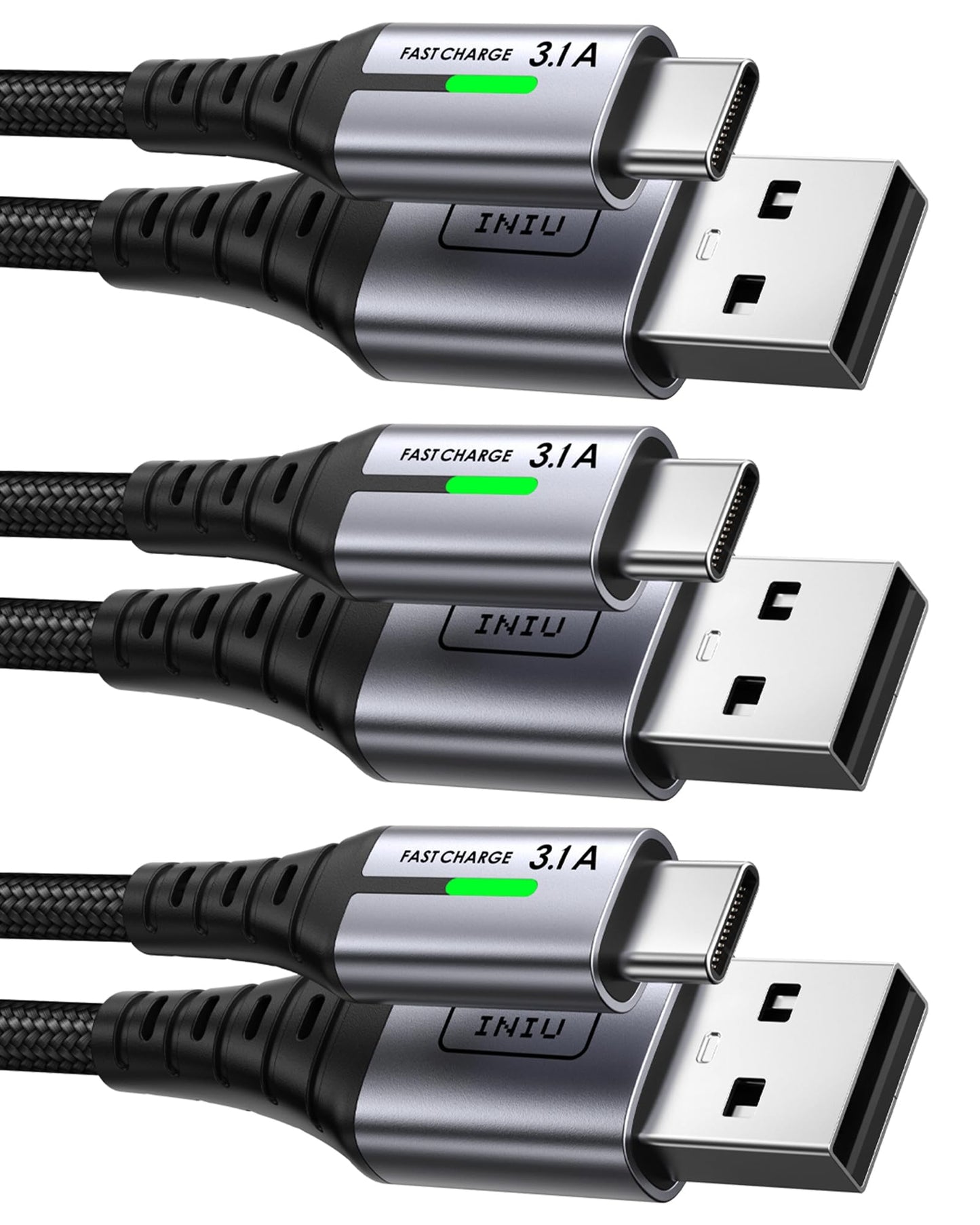 【3-Pack】INIU USB C-kabel, 3,1 A QC Snabbladdande USB-typ C-laddare, Zinklegering (1,6 + 6,6 + 6,6ft) Flätad Datakabel USB A till C Telefonladdare för iPhone 14 13 Samsung S22 S21 Xiaomi Huawei Google