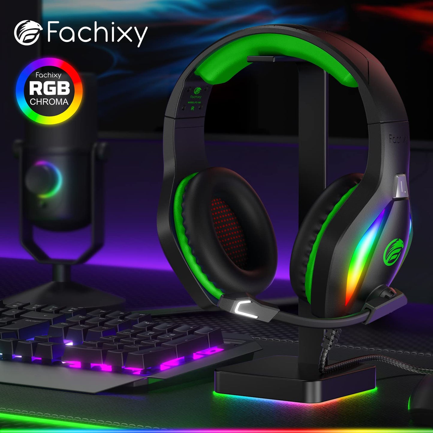 Fachixy FC100 Gaming Headset för PS4, PS5, PC, Xbox, Nintendo Switch, hörlurar med kabel och RGB-ljus, Stereo Surround-hörlurar med mikrofon, brusreducerande Gamer-hörlurar (GRÖN)