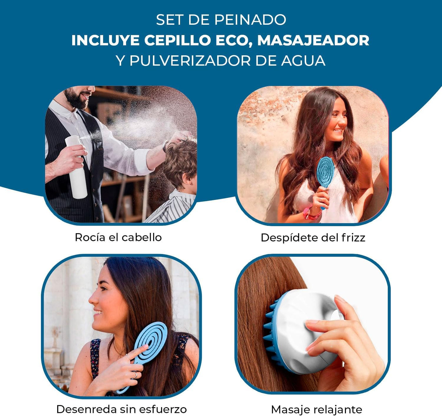Set De Peinado, Cepillo Antitirones, Masajeador Cuero Cabelludo, Pulverizador Agua, Cepillo Desenredante Sin Tirones, Masajeador Cabeza, Spray Agua Pulverizador (Azul)