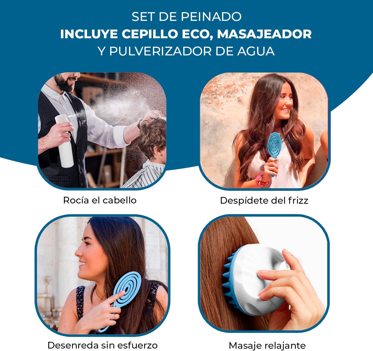 Set De Peinado, Cepillo Antitirones, Masajeador Cuero Cabelludo, Pulverizador Agua, Cepillo Desenredante Sin Tirones, Masajeador Cabeza, Spray Agua Pulverizador (Azul)