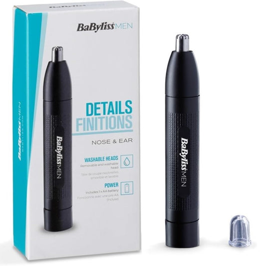 BaByliss Näs- och Örontrimmer - Precisions 2-Bladssystem, Batteridrivet, Rostfritt Stål, Lätt att Rengöra, Avtagbara Tillbehör, Svart, E650E