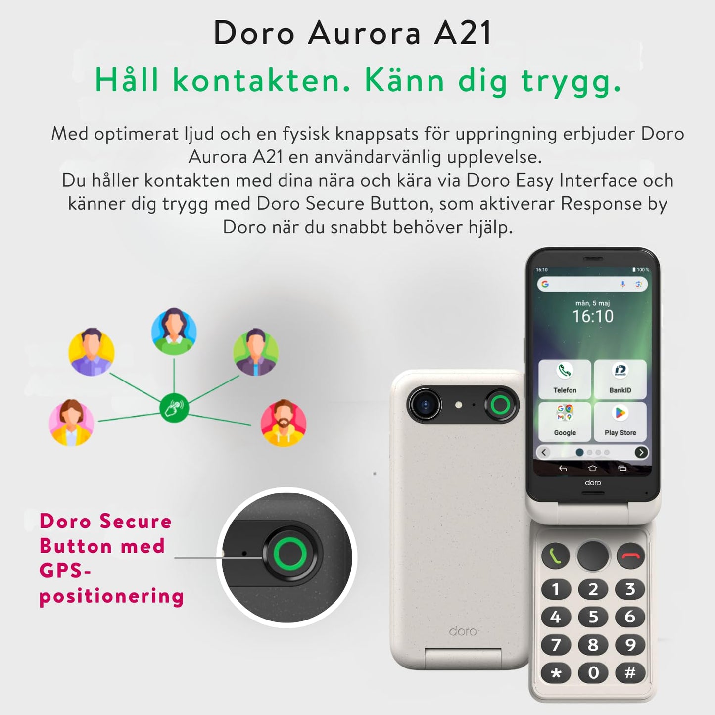 DORO – Vikbar Smartphone Doro Aurora A21 – Seniortelefon – Lätt att Använda – Assistansknapp med GPS-positionering – Kompatibel med Hörapparater – USB-kabel ingår – Vit