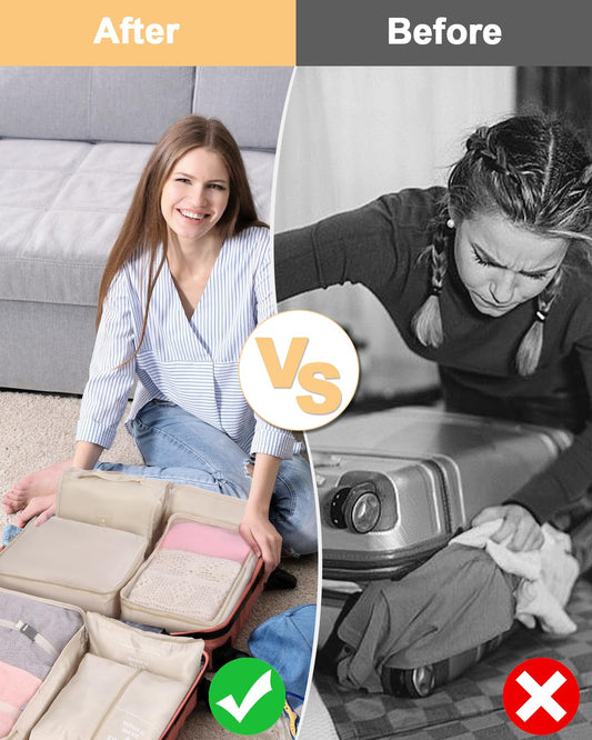 Resväskearrangör, packkuber, resväskorganiseringsset 10 delar, bagageorganisatör vattentät, packkuber, med packpåsar, klädväskor, kosmetikväska, skoväska, arrangör resväska (beige)