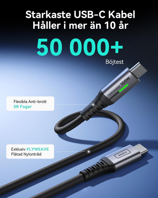 INIU USB C till USB C Kabel [2M/100W], PD&QC 4.0 USB-C Snabbladdningskabel, Nylonflätad Mobilladdare för iPhone 16/15 Pro Max Samsung Galaxy S24/S23/S22 A55/A35 iPad Air 6/Mini 5 MacBook Huawei Xiaomi
