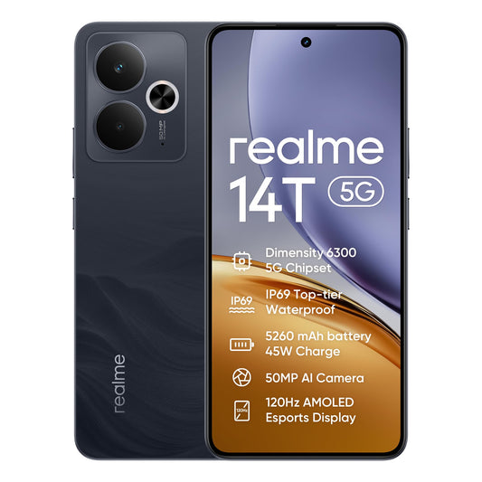 realme 14T smartphone 5g, 8+256 GB, 5260 mAh batteri, dimensity 6300 chipsats, IP69-vattentät, 50 MP-kamera, 120 Hz skärm med ögonvänlig effekt, svart, Amazon exklusiv (ingen adapter)