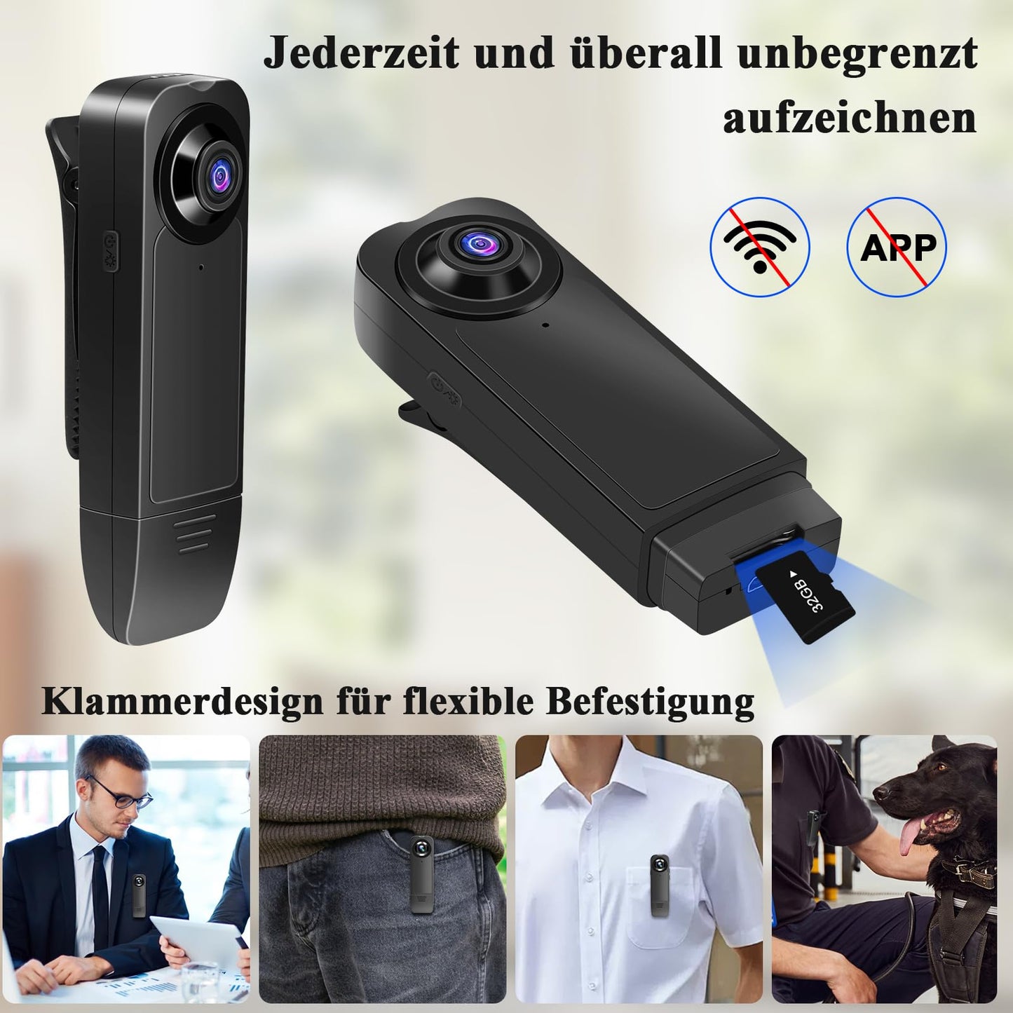 Pudet Luo Bodycam HD 1080P liten kamera med 32 GB minneskort, minikamera utan WLAN, ljudvideoinspelning bärbar miniövervakningskamera med mörkerseende för säkerhet, vakt