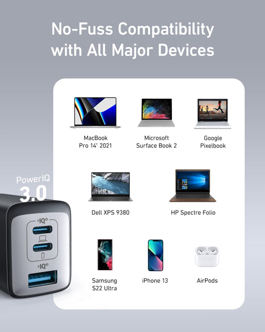Anker USB C Charger (Nano II 65W) Pod 3 Ports PPS Fast Charger, Compact USB-C Power Supply for MacBook Pro, iPad Pro, Steam Deck, Galaxy S20, Dell XPS 13, Note 20/10+, iPhone 15, Pixel (Svart)