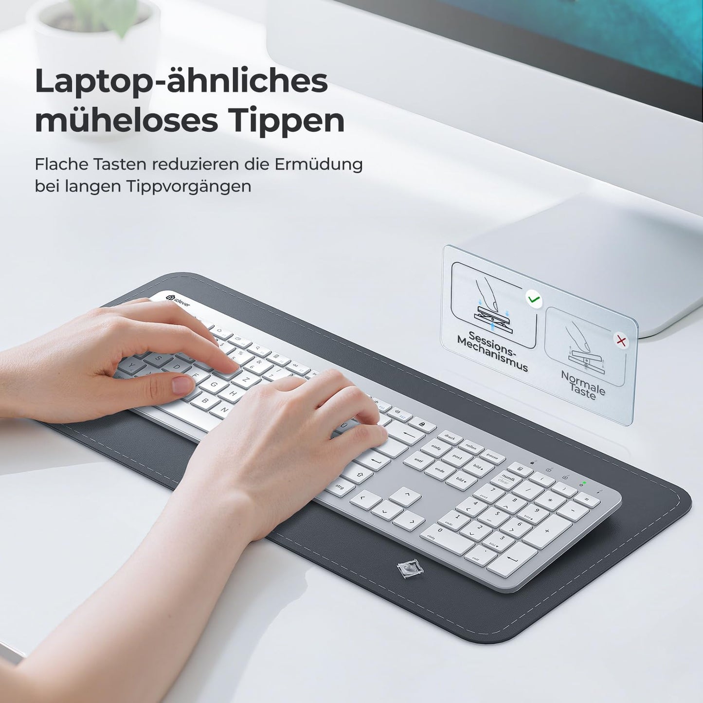 IClever GK08 trådlöst tangentbord och mus - 2,4 G ultraslim uppladdningsbar trådlös tangentbordsmus set för PC, stationär dator, bärbar dator, Windows Mac OS, QWERTZ layout, vit