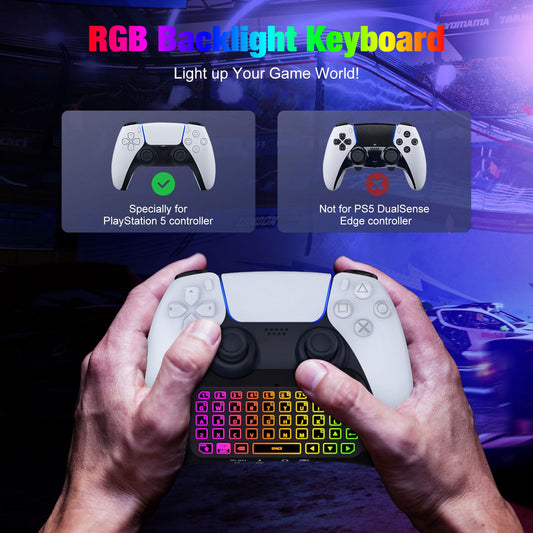 MoKo RGB Backlight Keyboard for PS5 Controller, Bluetooth Wireless Mini Gamepad Chatpad for Playstation 5 with Upgraded Built-in Speaker & 3.5mm Audio Jack for PS5 Controller Accessories
