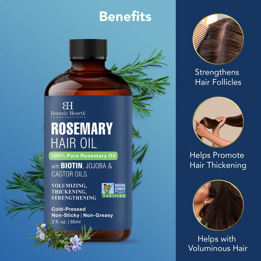 Botanic Hearth 100 % Pure Rosemary Oil för Hair Growth Infused with Biotin | Hårstränghetsbehandling | närande och volym | Med Jojoba olja & Castorolja | Icke-GMO verifierad | 2 fl oz