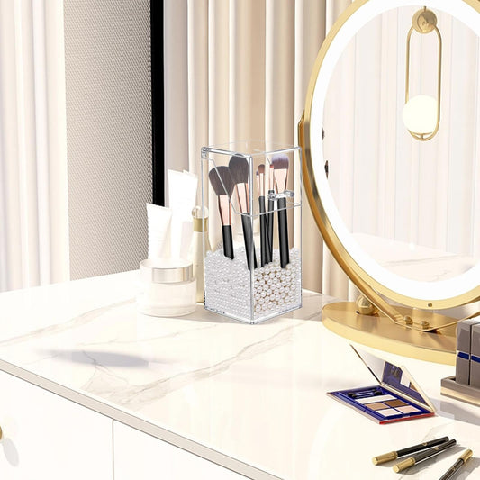 Makeup Brush Holder - Clear Acrylic Brushes Container med lock | kapacitet kosmetisk arrangör | Stylish Vanity Container för ögonbrynspennor, eyeliner, toalettbord, sovrum, skrivbord u