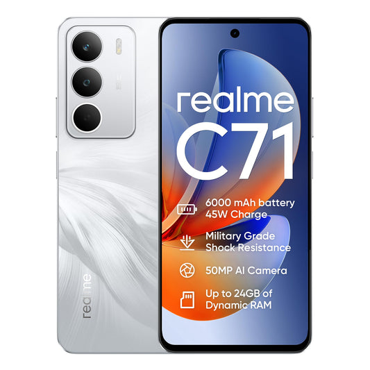 realme C71 5G smartphone, 6 + 128 GB, 6 000 mAh batteri, 45 W laddning, Octa-Core chipset, 50 MP AI-kamera, 24 GB dynamiskt RAM, 120 Hz skärm, grad stötdämpning, daglig vattenbeständighet, vit svan