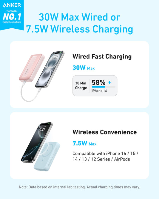 Anker Zolo Magnetisk Powerbank, Kompakt 10 000 mAh Trådlös Bärbar Laddare med 30W Max Snabbladdning, Hudvänligt och Hållbart Batteripaket, för iPhone 16/15/14 Serien, AirPods och Mer.