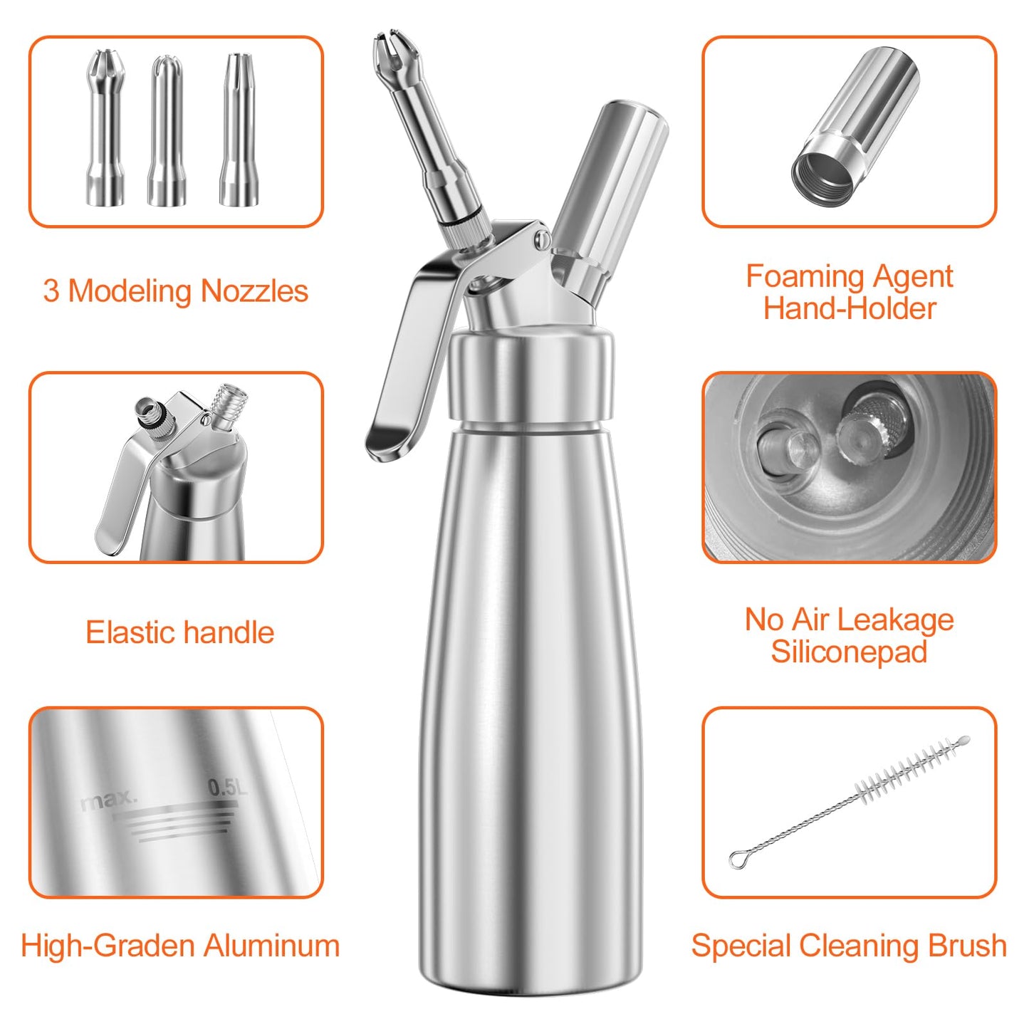 Newaner 500 ml grädddispenser/gräddsifon av aluminium med 3 dekorationsmunstycken av rostfritt stål och 1 rengöringsborste, läckagesäker, för beredning av vispgrädde, kräm, mousse och desserter