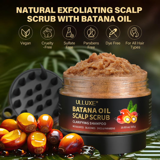 Batana Oil Scalp Scrub med Scalp Massager hårbottenskrubb, Exfolierande schampo med rosmarin som bekämpar mjäll, lugnar torr och kliande hårbotten, ger näring, rengör och främjar hårväxt, 310g