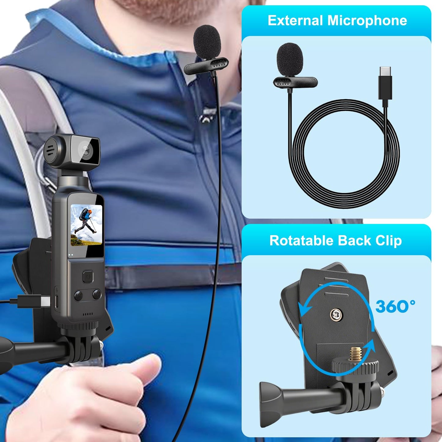 IXROAD 4K Bodycam, Vlog/POV-kamera med 270° vridbar lins, bärbar kamera/videokamera, mini actionkamera med extern mikrofon, klämma och 64 GB TF-kort