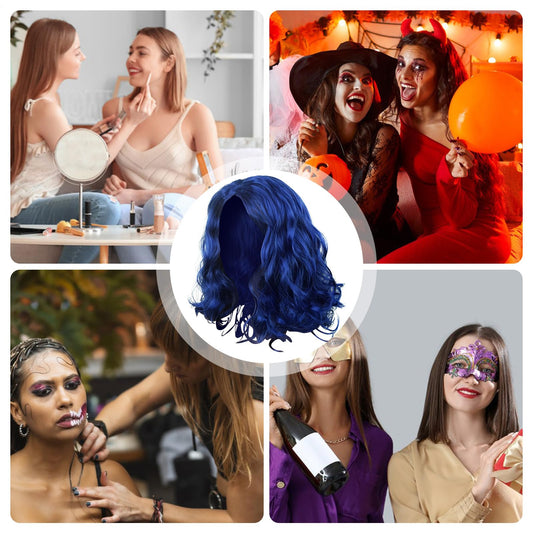 Naturlig vågig peruk, kort vågig blå peruk,Blå Vågig lockig - Värmebeständig hårperuk, Cosplay Party Cosplay Peruk för vardagsbruk Halloween