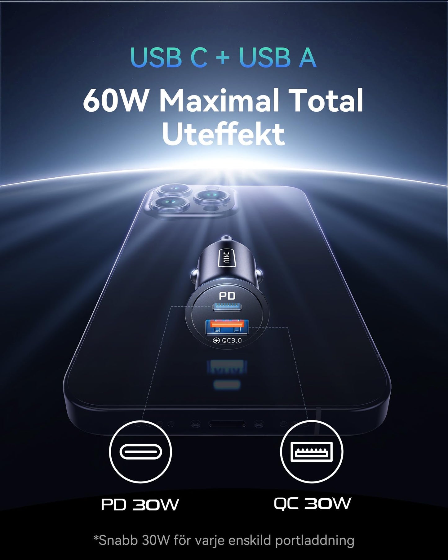 INIU 60W Billaddare [USB C + USB A], PD & QC 3.0 Snabbladdning USB-Adapter, Typ-C Cigarettändare med blå LED-Lampa, Billaddningsadapter för iPhone 16 15 14 13 12 iPad Samsung S24 S23 S22 AirPods Pixel