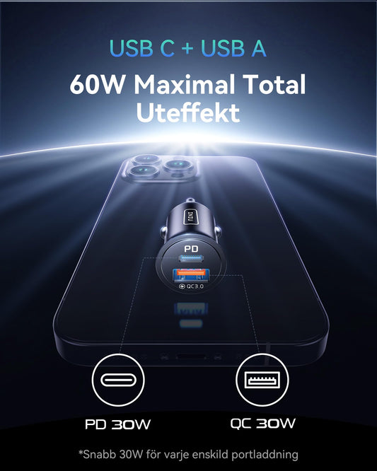 INIU 60W Billaddare [USB C + USB A], PD & QC 3.0 Snabbladdning USB-Adapter, Typ-C Cigarettändare med blå LED-Lampa, Billaddningsadapter för iPhone 16 15 14 13 12 iPad Samsung S24 S23 S22 AirPods Pixel