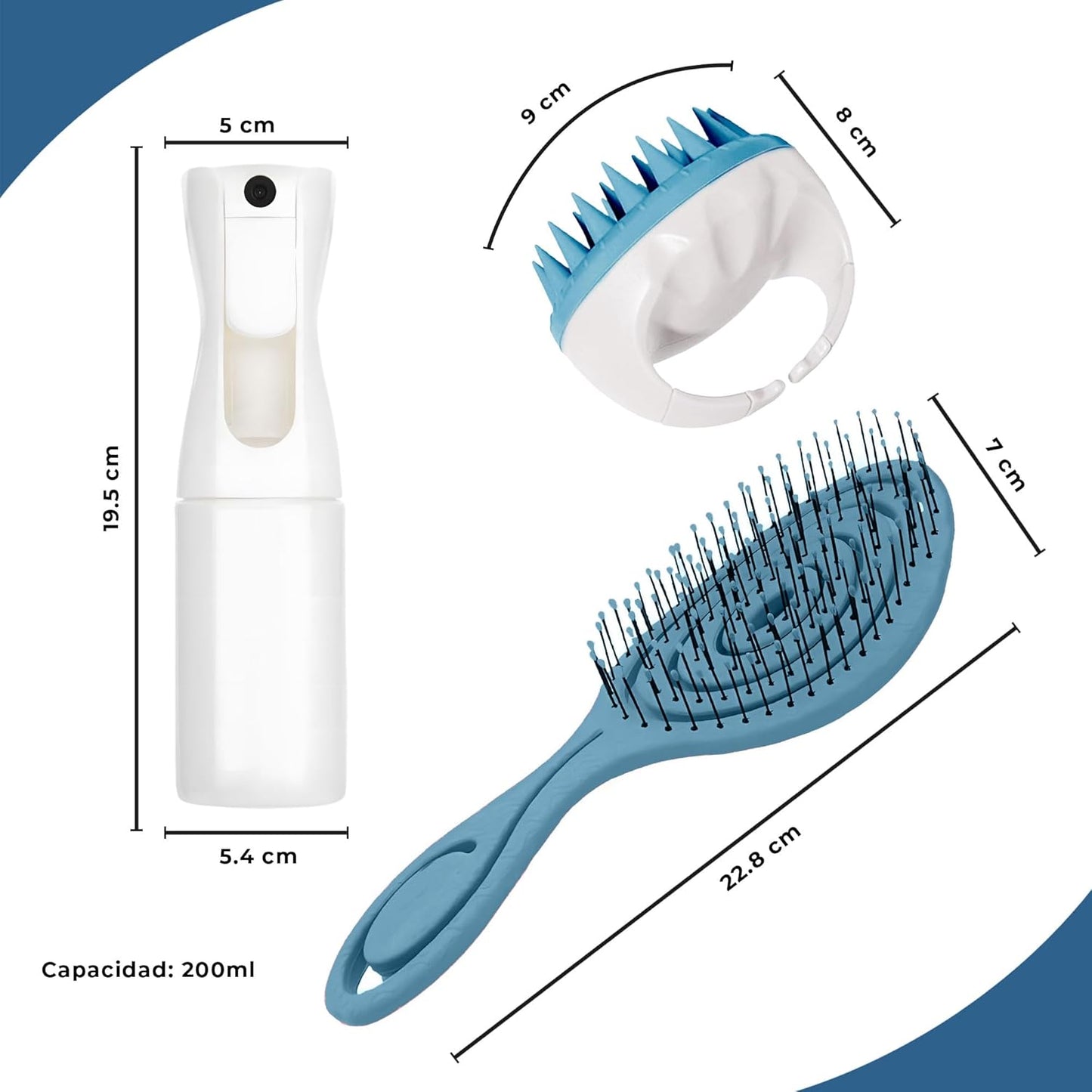 Set De Peinado, Cepillo Antitirones, Masajeador Cuero Cabelludo, Pulverizador Agua, Cepillo Desenredante Sin Tirones, Masajeador Cabeza, Spray Agua Pulverizador (Azul)