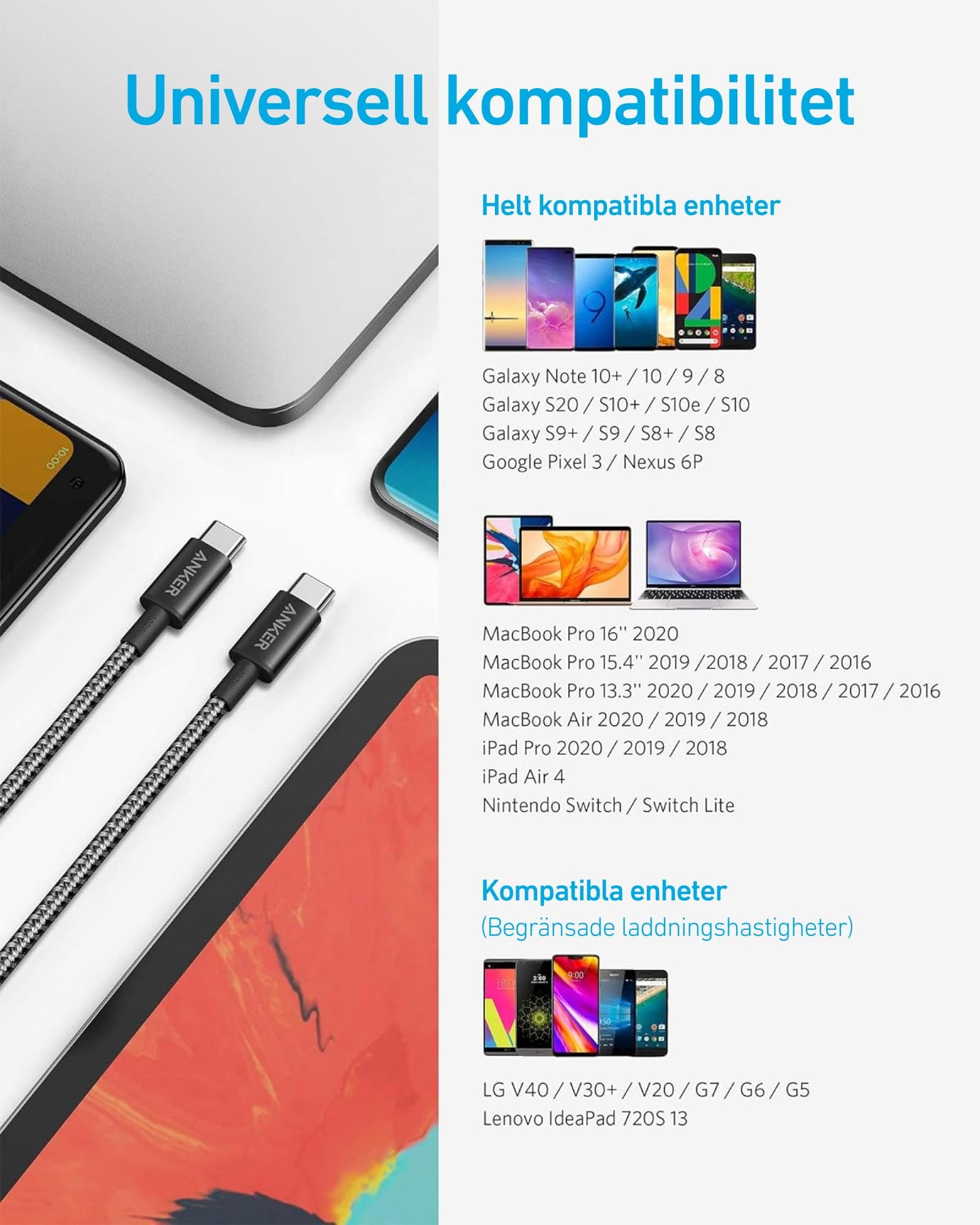 Anker Type-C-kabel 3 m, 100 W, USB-C till USB-C Kabel för iPhone 16 15-serien, Samsung Galaxy S24 S23 S222 MacBook Pro Air, iPad Pro Air, Pixel Switch, LG och fler (svart)