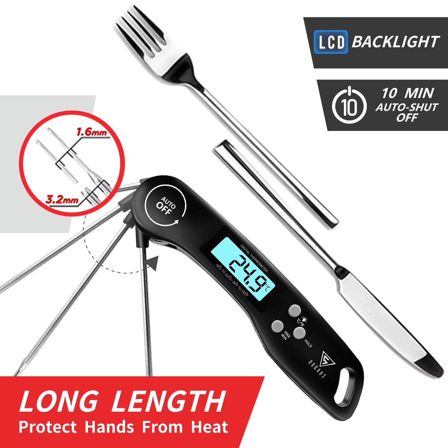 DOQAUS Kötttermometer Digital, 3s omedelbar läsning Matlagningstermometer, Vikbar Sond Grilltermometer med Hög Noggrannhet, Bakgrundsbelysning LCD-skärm, Automatisk på/av för Kök, Grill, Mjölk (svart)