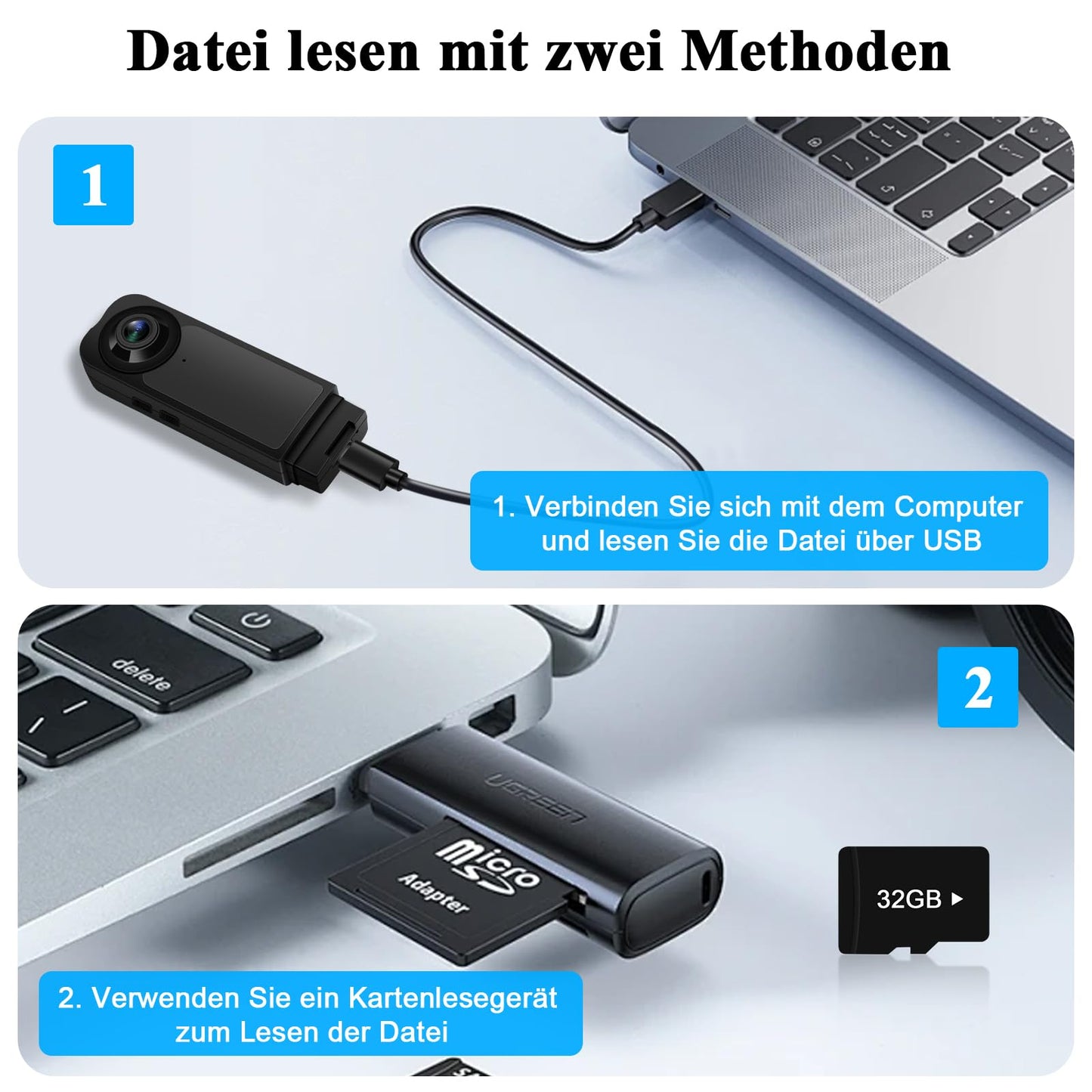 Pudet Luo Bodycam HD 1080P liten kamera med 32 GB minneskort, minikamera utan WLAN, ljudvideoinspelning bärbar miniövervakningskamera med mörkerseende för säkerhet, vakt
