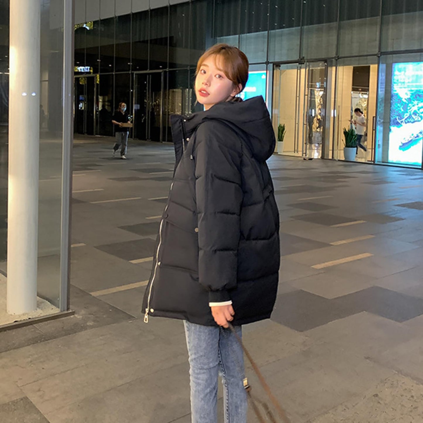 Oversize Vinterjacka Dam Dunjacka I Bomull Casual Hooded Puffer Kvinna Lång Varm Bomullsvadderad Jacka Blixtlås Ytterkläder