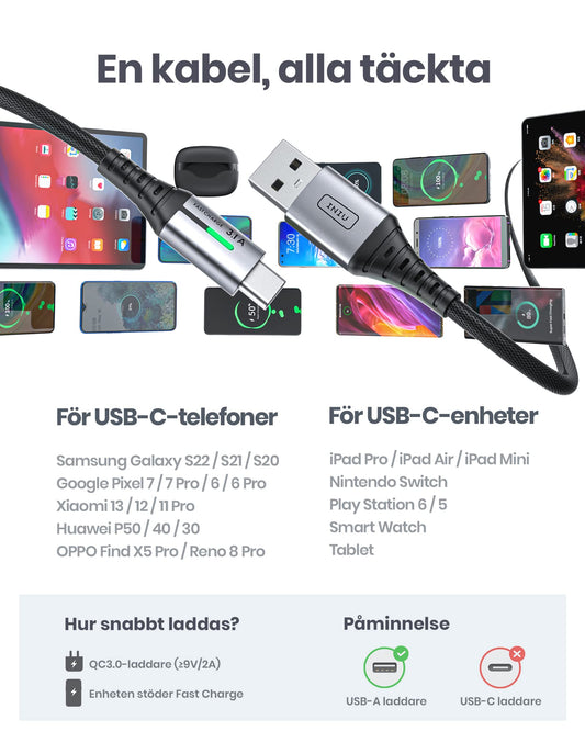 【3-Pack】INIU USB C-kabel, 3,1 A QC Snabbladdande USB-typ C-laddare, Zinklegering (1,6 + 6,6 + 6,6ft) Flätad Datakabel USB A till C Telefonladdare för iPhone 14 13 Samsung S22 S21 Xiaomi Huawei Google