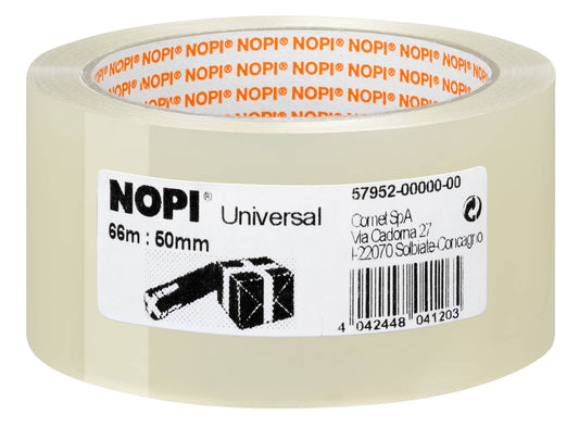 NOPI Universal packtejp - Lösningsmedelsfri packtejp med tät och stark vidhäftning - Tyst och jämn avrullning, transparent, 1 rulle à 66 m x 50 mm