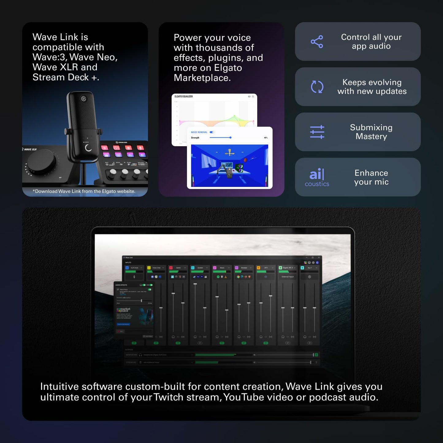 Elgato Wave:3, förstklassig USB-kondensatormikrofon av studiokvalitet, för strömning, poddsändning, spel, hemmakontor, gratis mixerprogramvara, ljudeffekts, anti-distorsion, plug’n’play, Mac, PC