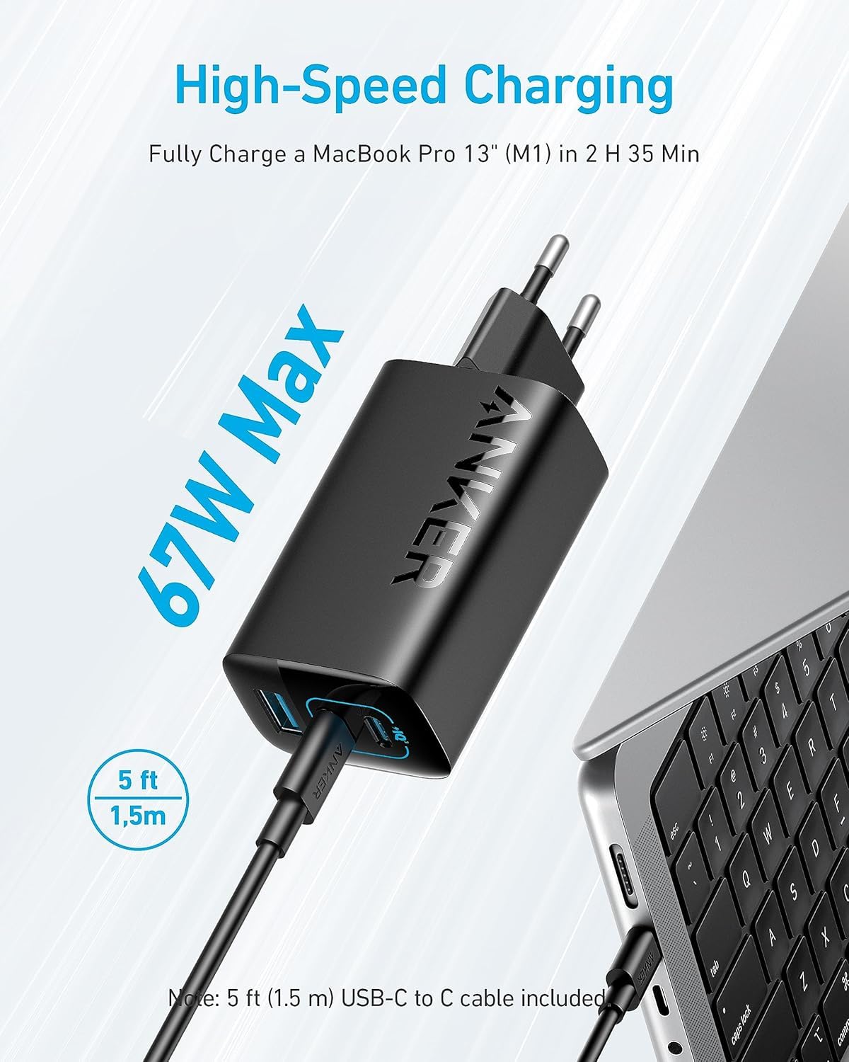 Anker 335 67 W laddare, högpresterande strömförsörjning med PIQ 3.0, 3-port snabbladdare, PD-laddare för iPhone 16/15/14/13/12, MacBook Pro, iPad, Galaxy, Pixel med mera