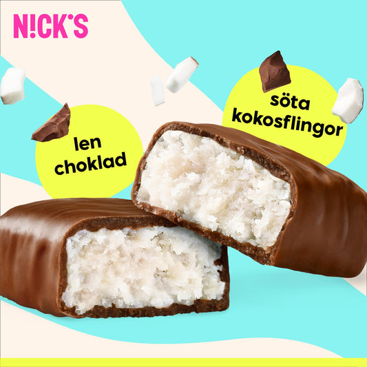 NICKS Coconut Keto Choklad Kokosbar Utan Tillsatt Socker 175 Kalorier, 2 Net Carbs, Low Carb Snack Bar Glutenfri Godis (15 Chokladbars x 40g)