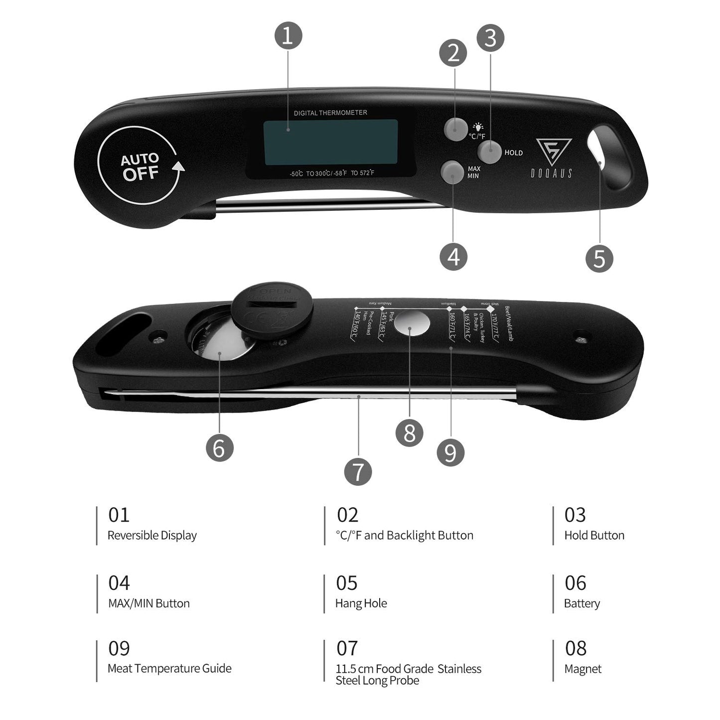 DOQAUS Kötttermometer Digital, 3s omedelbar läsning Matlagningstermometer, Vikbar Sond Grilltermometer med Hög Noggrannhet, Bakgrundsbelysning LCD-skärm, Automatisk på/av för Kök, Grill, Mjölk (svart)