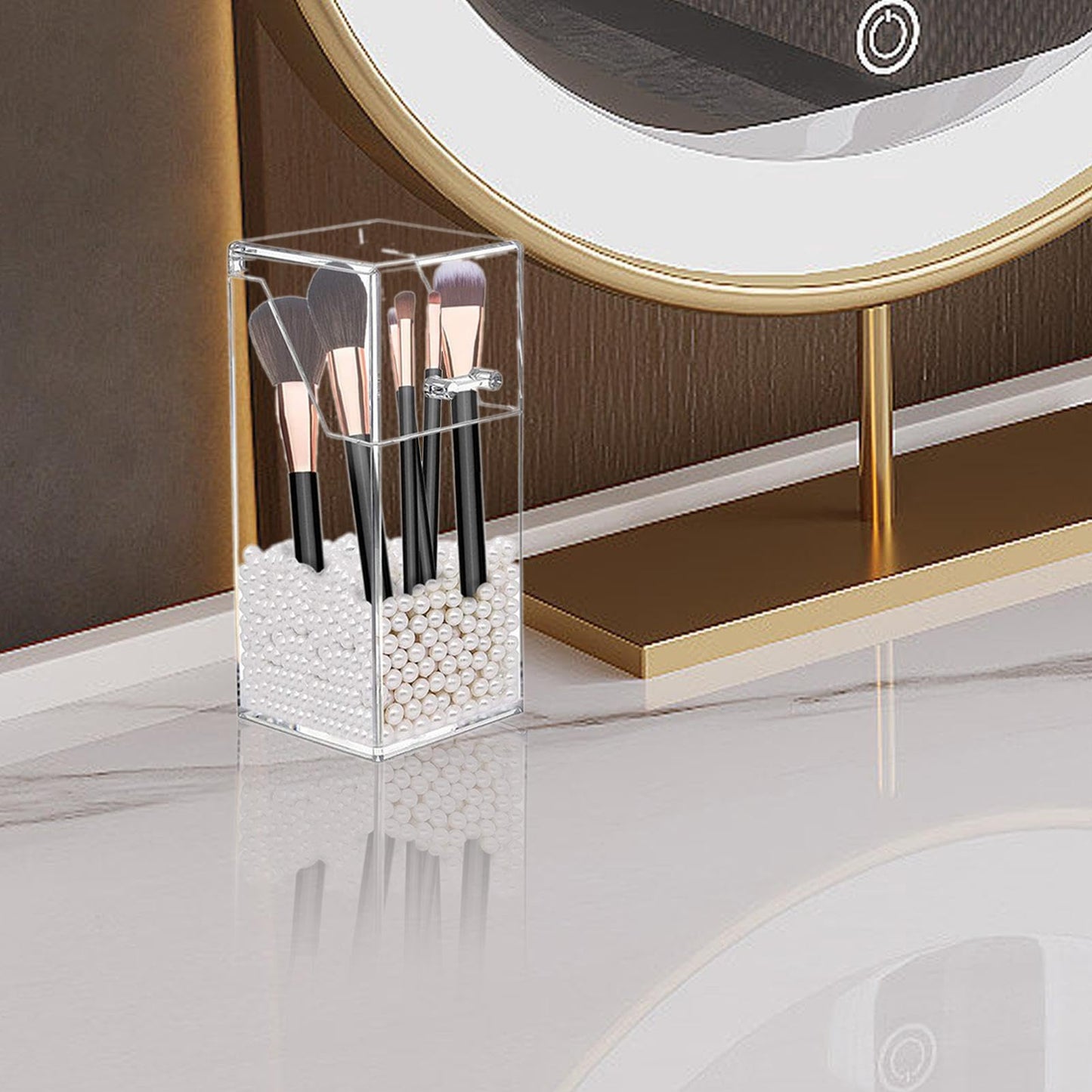 Makeup Brush Holder - Clear Acrylic Brushes Container med lock | kapacitet kosmetisk arrangör | Stylish Vanity Container för ögonbrynspennor, eyeliner, toalettbord, sovrum, skrivbord u