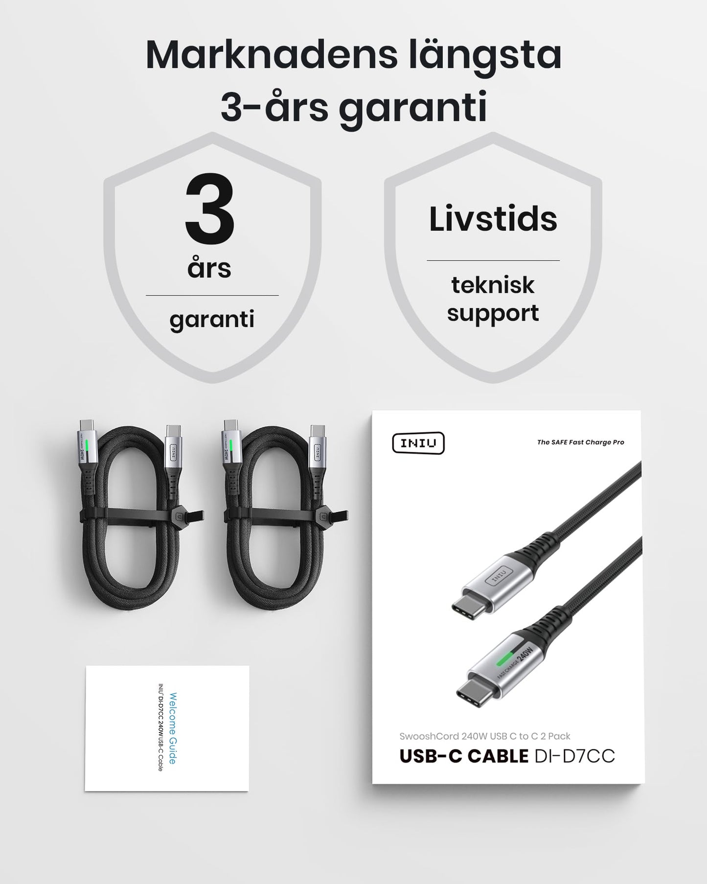 INIU 240W USB C till USB C-kabel [2M, 2-pack], PD3.0 Snabbladdningskabel, Nylon Typ C Laddningskabel för iPhone 16 15 Pro Max MacBook iPad Samsung S24 S23 Note 20 Pixel Dell Steam Deck Laptops etc.