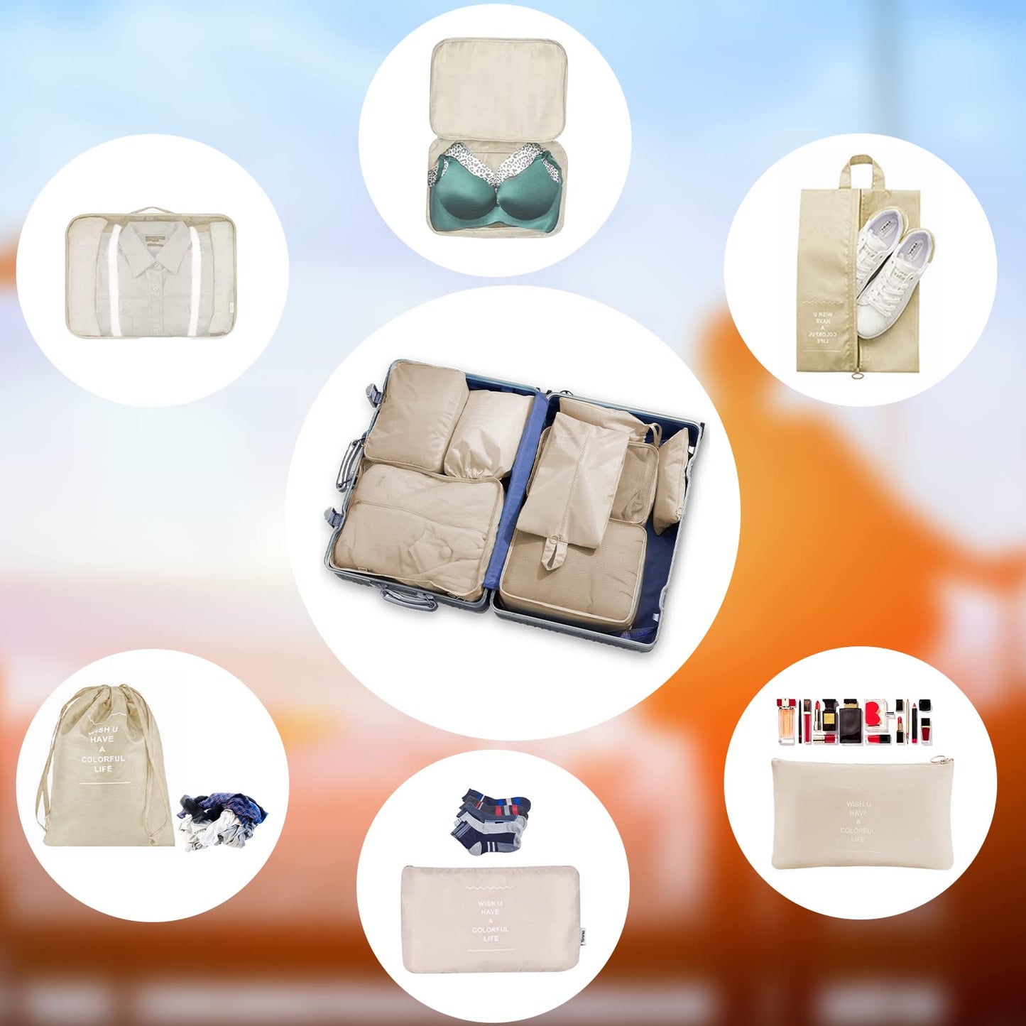 Newaner Resväskorganisatör i 9 delar, multifunktionella packkuber, vattentäta reseklädfack, komprimerbar packkub för semester, med skoväska, kosmetikväska och packpåsar, beige