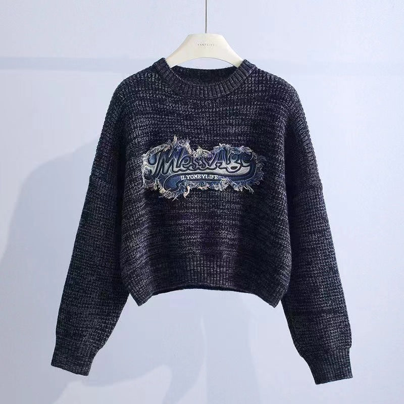 Tassel Denim Pattern Round Neck Sweater Top