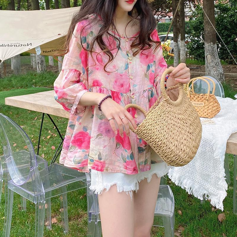 Doll-krave Top Sommer Nyhed Løstsiddende Vintage Bluse med Pufærmer