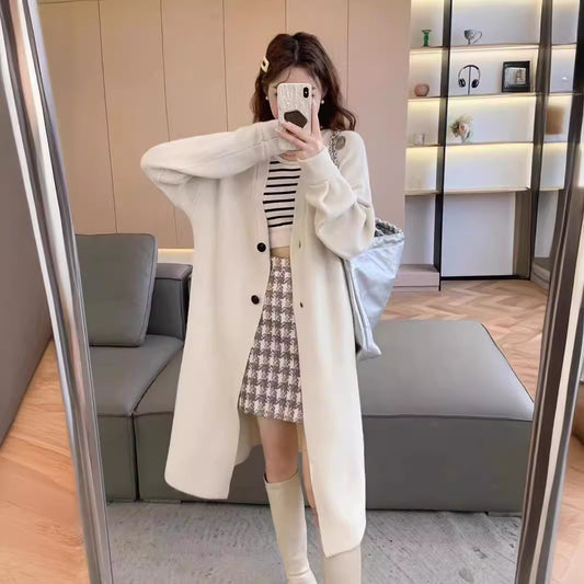 Knappet Ensfarvet Lang Strikket Cardigan Sweater Frakke