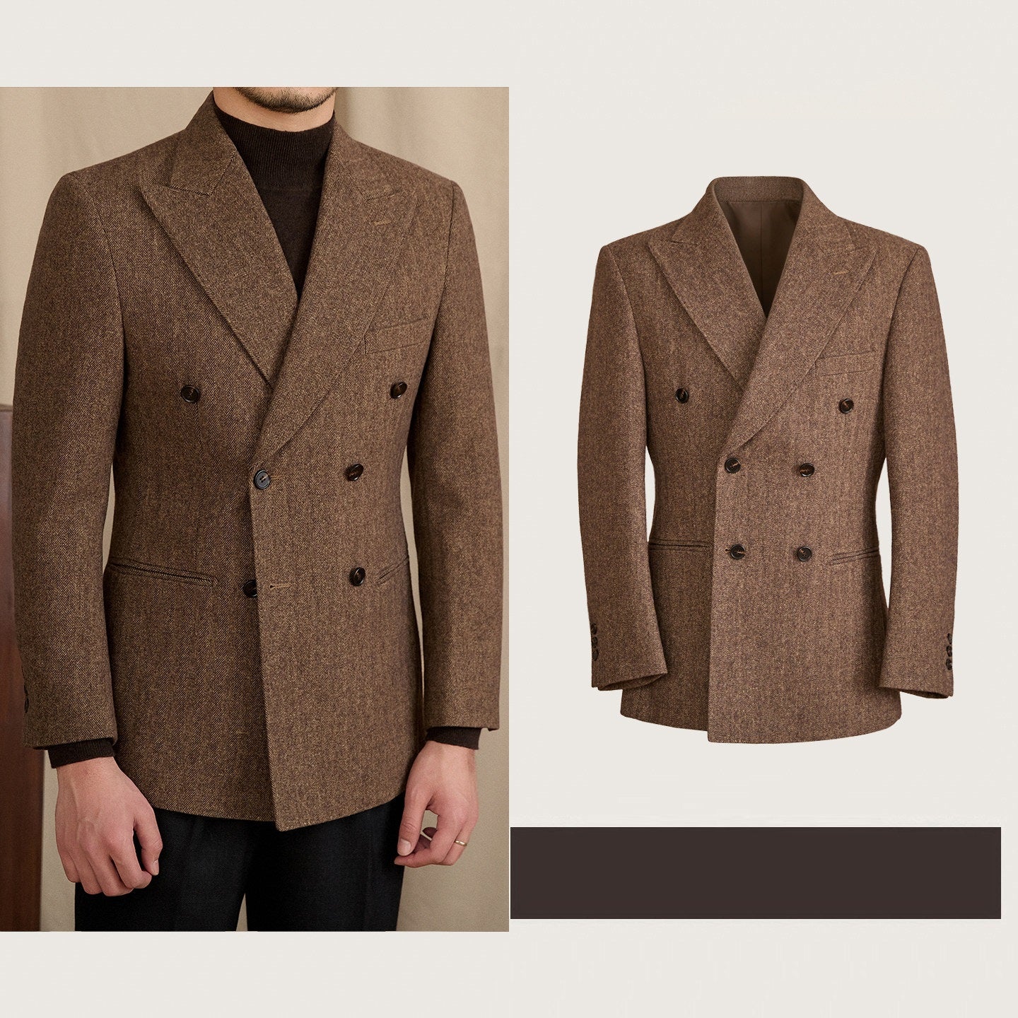 Tailored Wool-blend Herringbone Double-breasted Suit