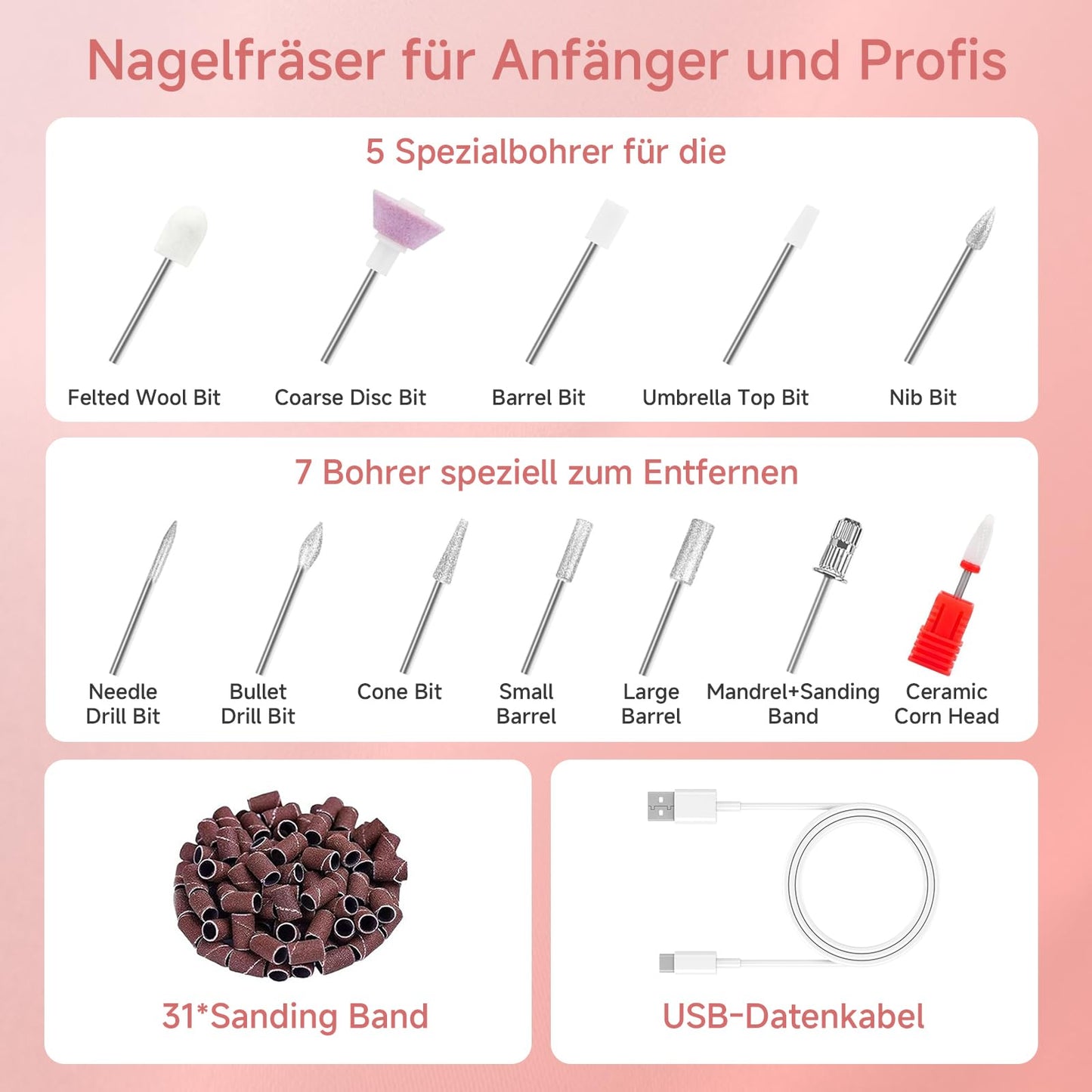 Nagelfräs för gelnaglar – 12 i 1 elektrisk nagelfil – manikyrset elektrisk 20 000 varv/min, 5 växlar elektrisk nageldrill, fräsnaglar för naturnaglar, akrylnaglar, gelnaglar, avlägsnar förhårdnader