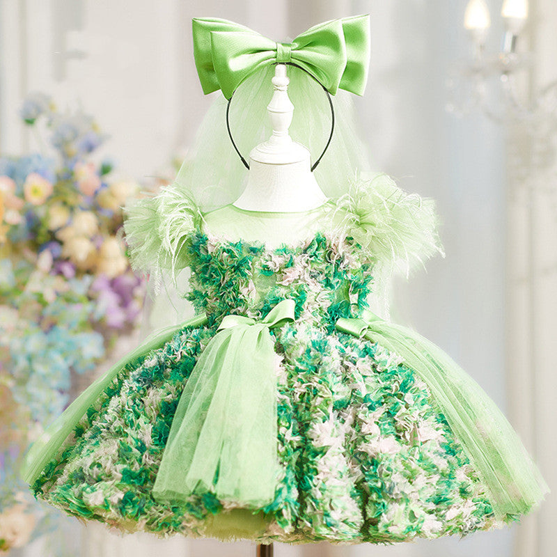 Green Fairy Princess Dress For Kids Ultra-Fairy Puff-Sleeve Birthday Party Tutu Gown