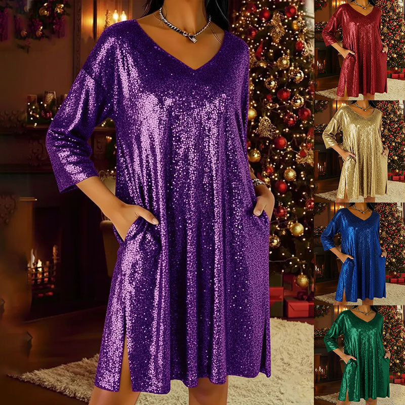 Seaside Vacation Gold-Embossed V-Neck Cropped-Sleeve Split Dress