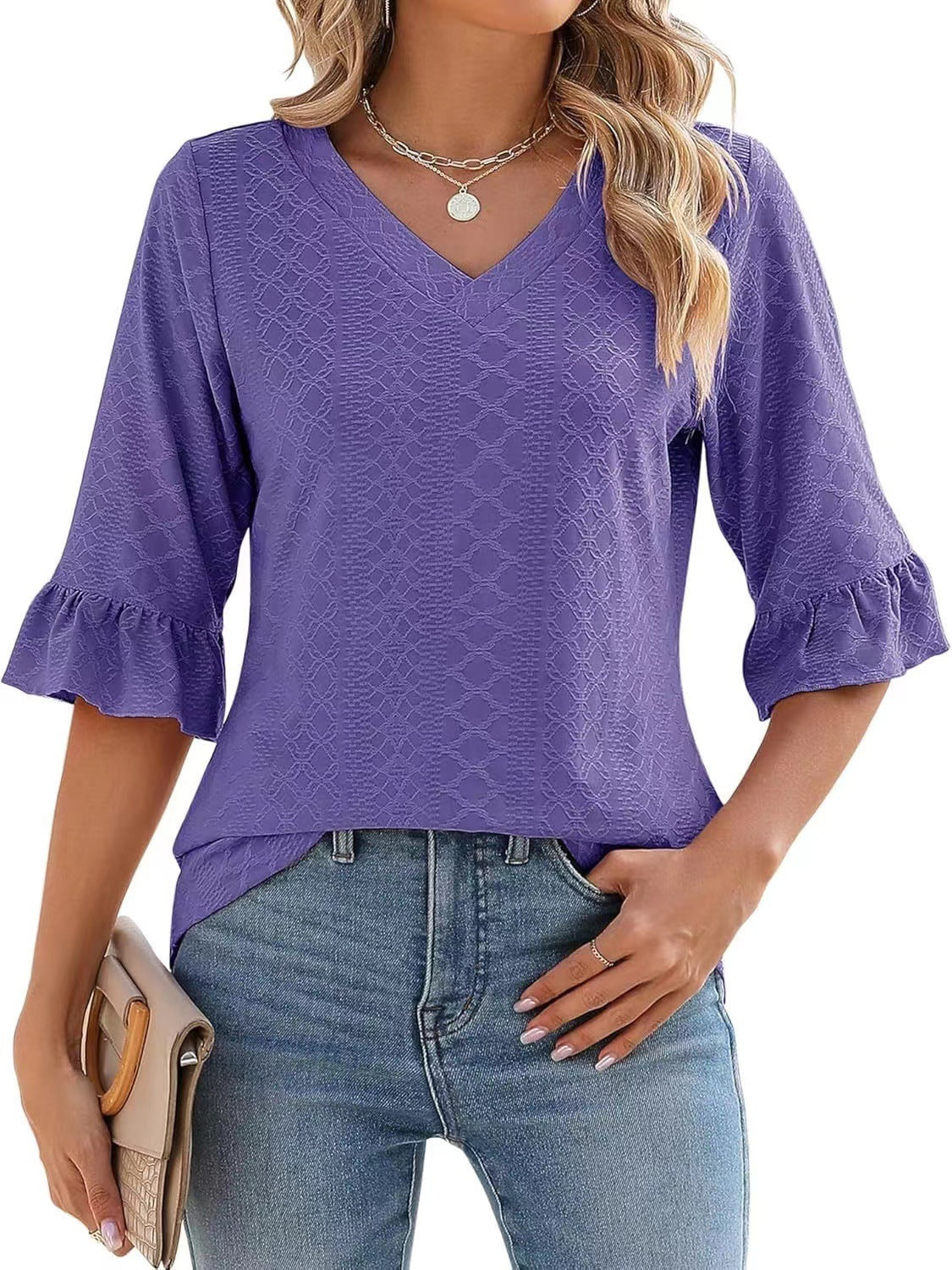Women's Printed Hollow Ruffle Sleeve Casual Short-sleeved Top